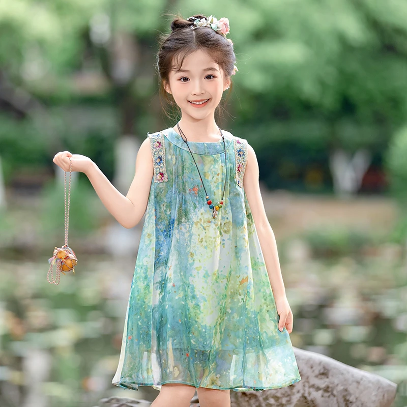 女童水墨画无袖背心裙2025夏款女孩波西米亚风连衣裙公主裙沙滩裙