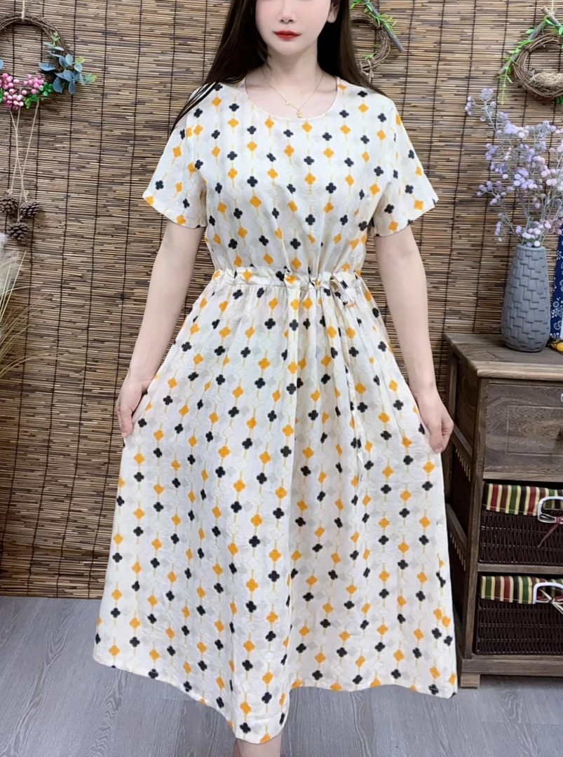 1070#夏季新款短袖圆领收腰宽松连衣裙休闲复古