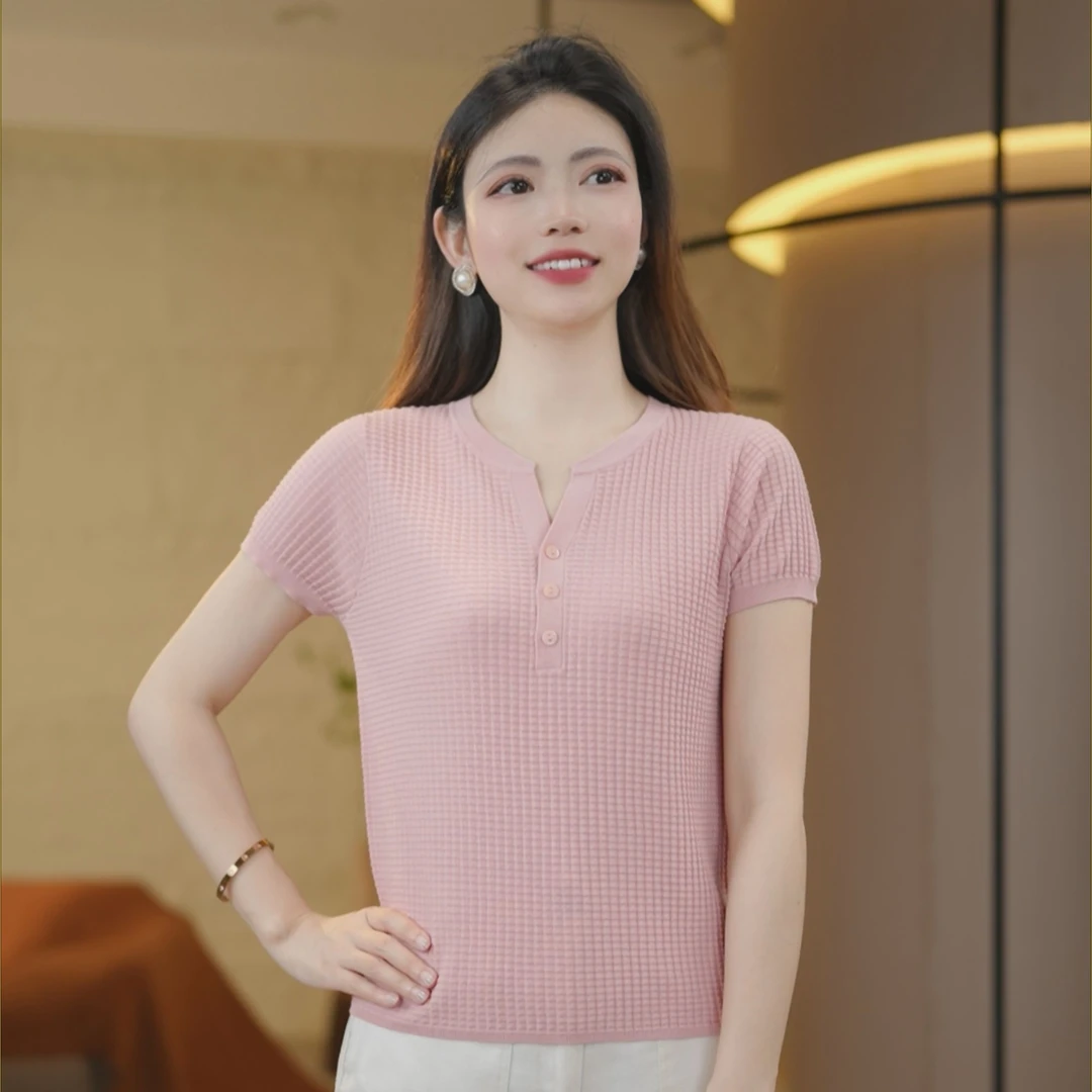 【天丝+桑蚕丝】华夫格凉爽~透气宽松圆领薄款短袖上衣针织衫女9172