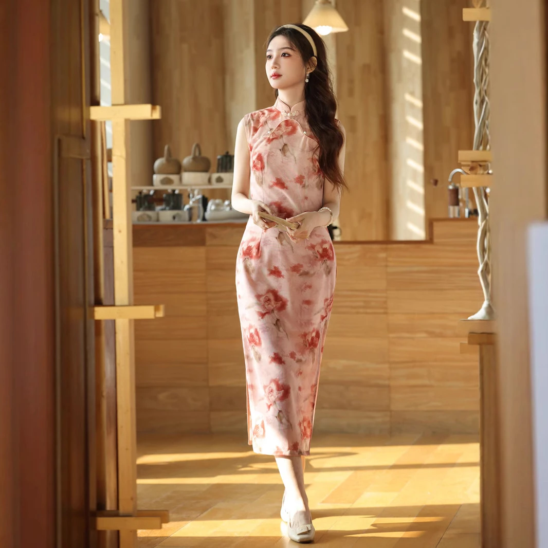 复古网纱长款旗袍2025春夏文艺复古修身显瘦气质优雅少女感连衣裙