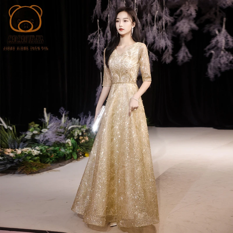 金色演出礼服连衣裙女宴会星空年会主持人大合唱团表演出晚礼服yd