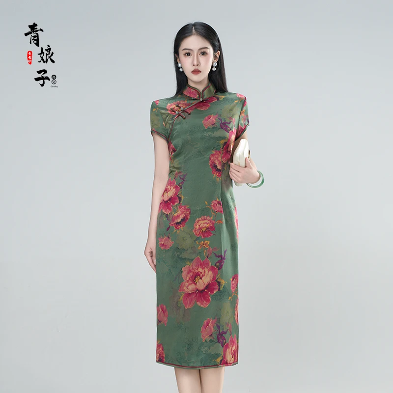 青娘子香云纱（清风碧影）重锻印花复古气质新中式立领旗袍-60184