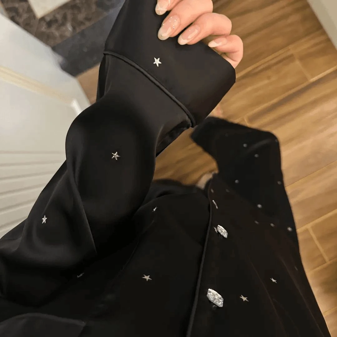 【纯欲星星】高级气质带胸垫暗黑软冰丝长袖睡衣女秋冬家居服套装女