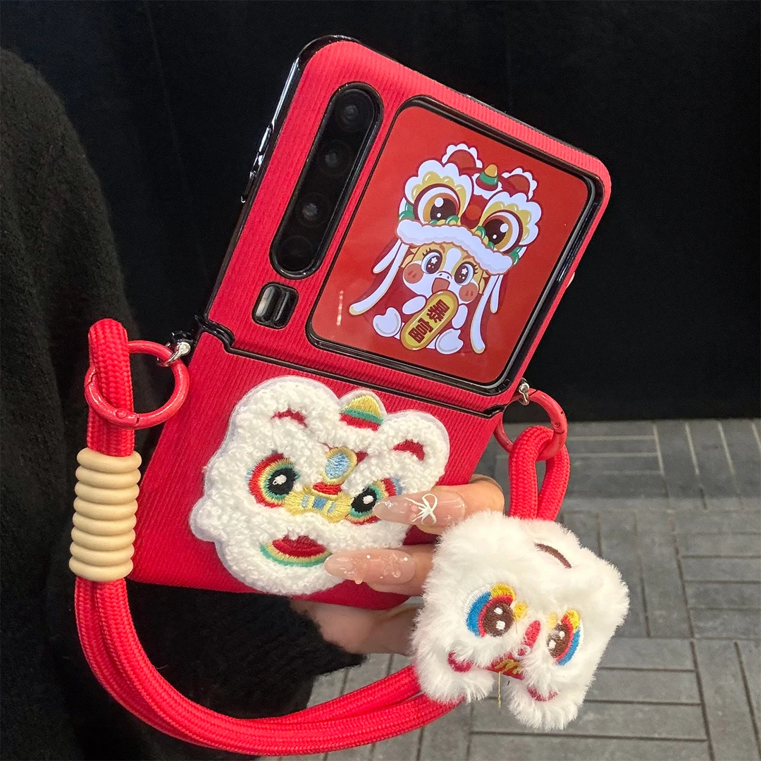 适用华为purax典藏版手机壳新年红色pocket2皮质条纹刺绣醒狮手绳