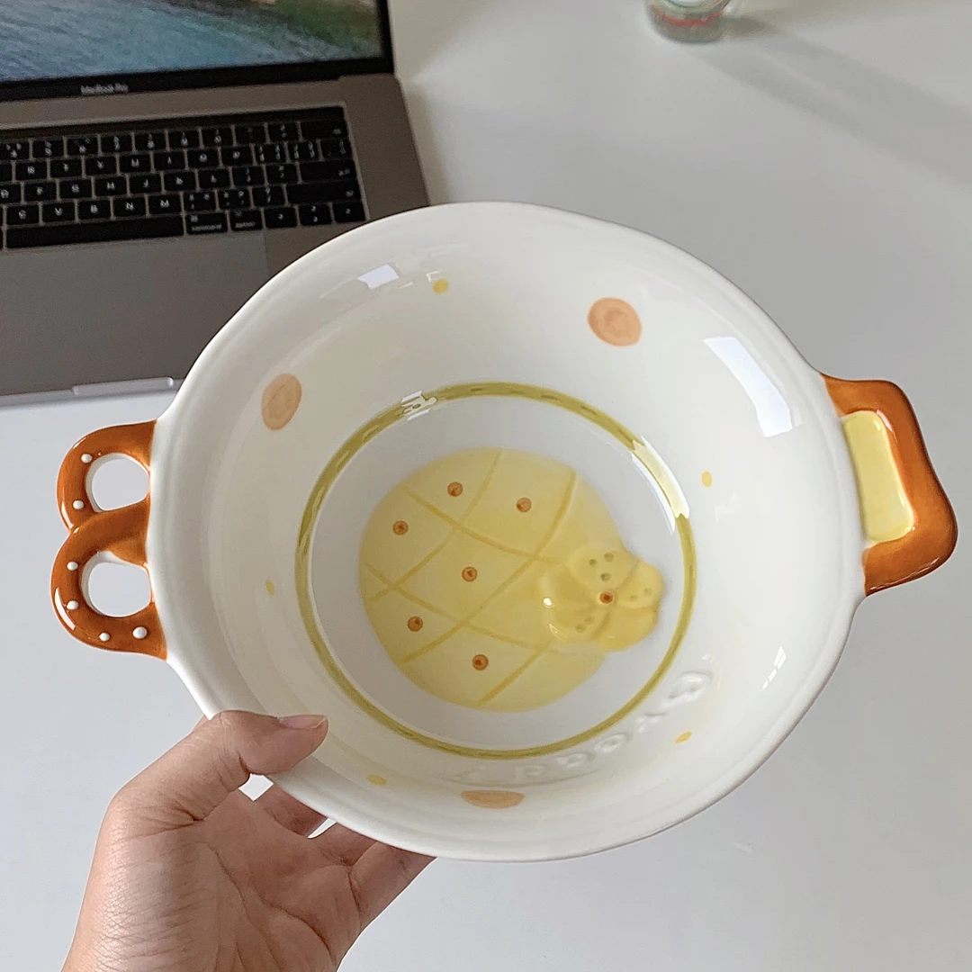 面包日记陶瓷双耳汤碗手绘釉下彩高颜值家用大汤盆耐热可微波炉用