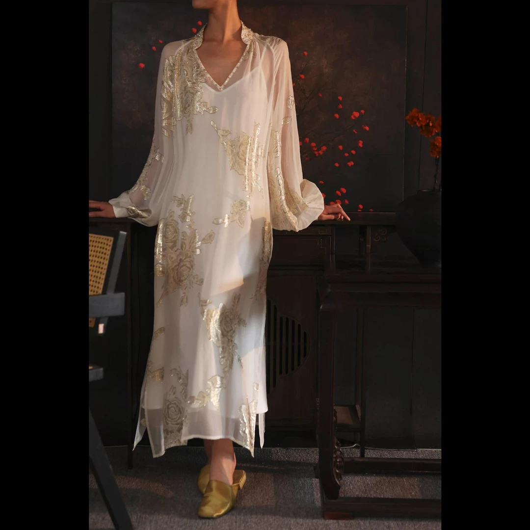 【自由·篇章】XM轻奢法式仙气大气高级感真丝金皮财阀晚宴V领连衣裙