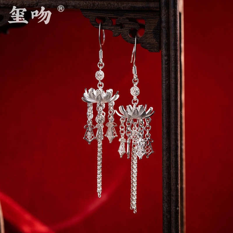 足银耳饰 【玺吻】足银 花丝莲花耳坠金色长款流苏莲花耳坠精美气质