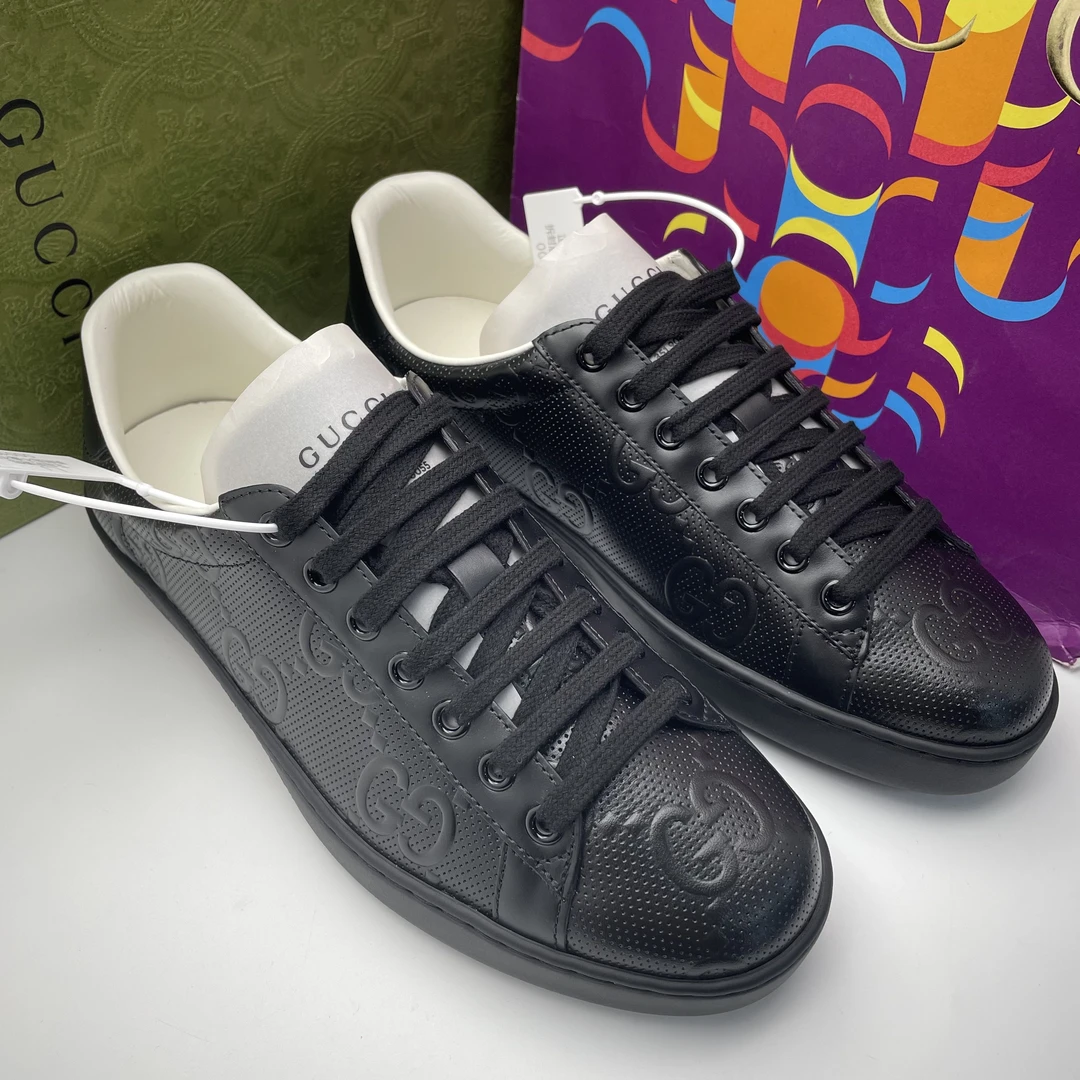 未使用 GUCCI/古驰 /39.5欧码/黑色双G网眼时尚舒适板鞋/全套