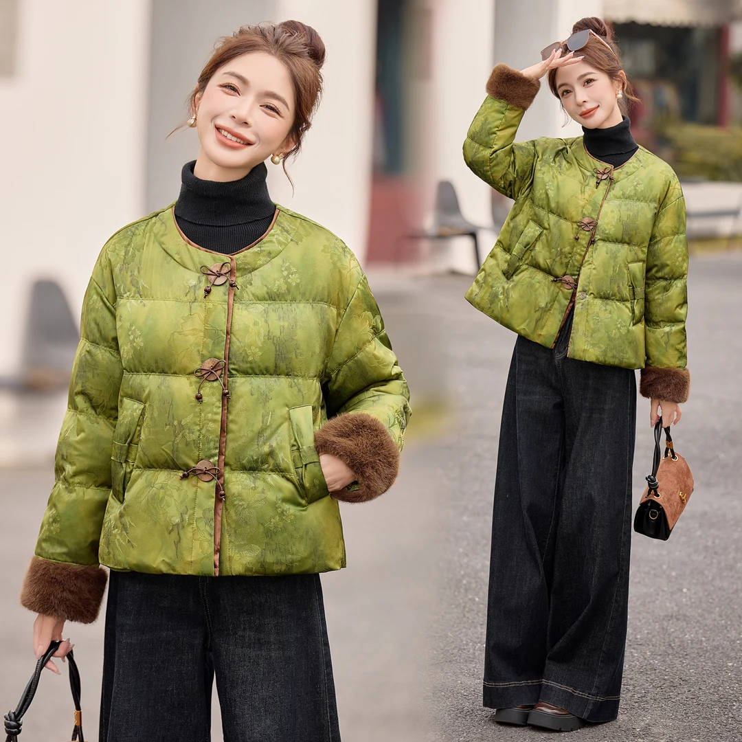 新中式国风羽绒服女小个子2025冬季气质高级感提花保暖白鸭绒外套