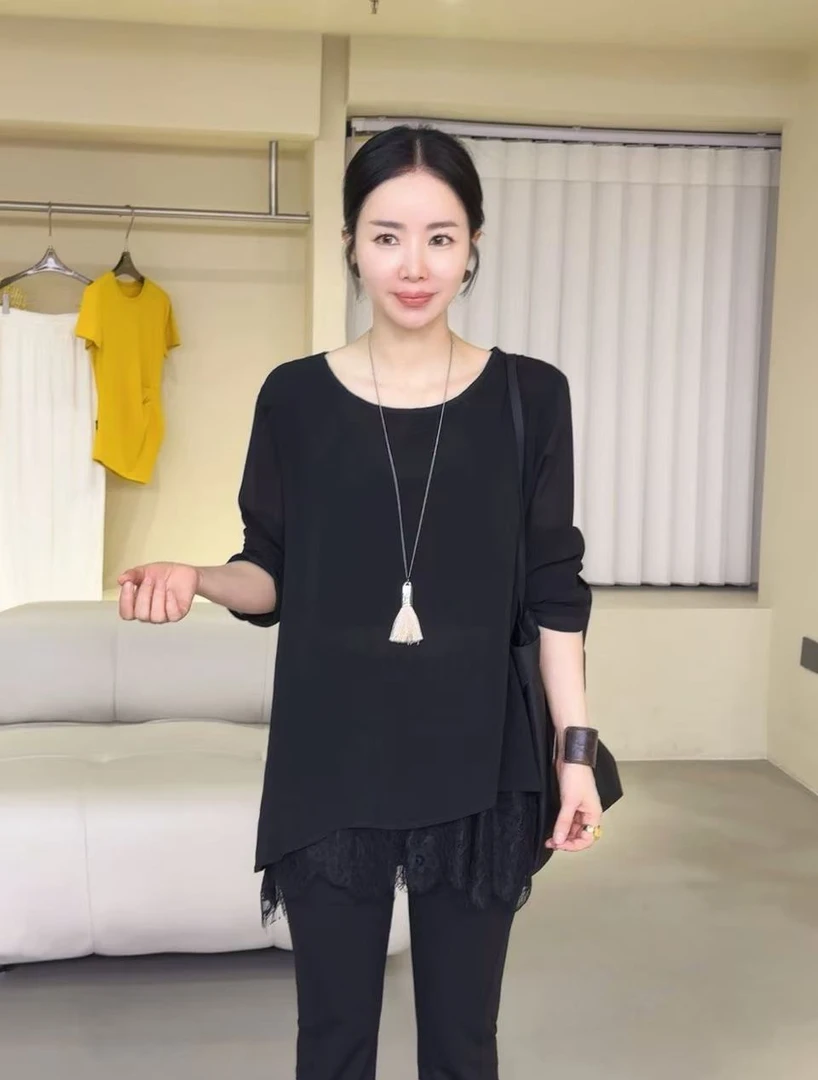 鑫燃KIKI 小众高级感气质拼接蕾丝打底衫 8287 潇家（F）