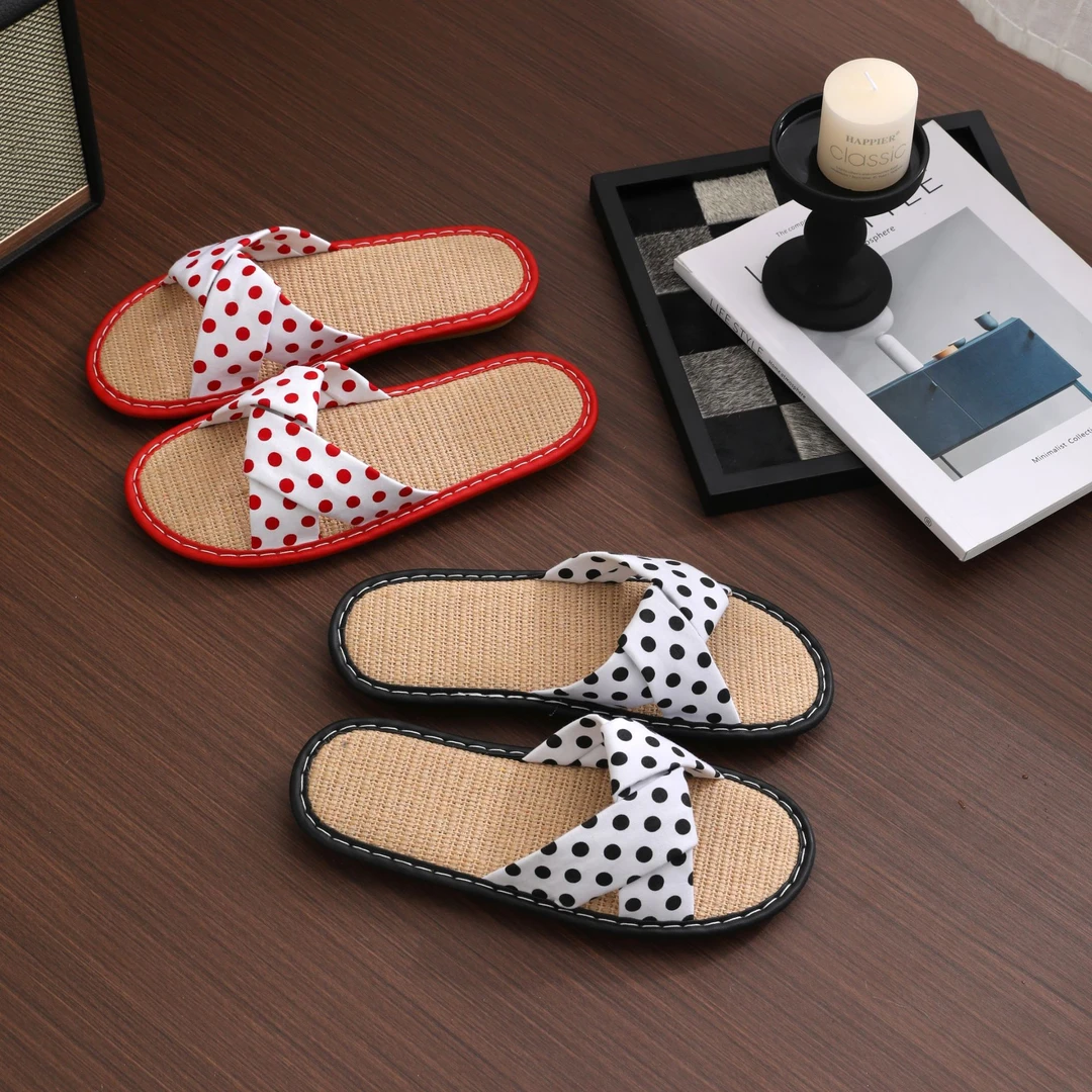 居家圆点布艺透气亚麻凉拖鞋女室内家用防滑地板吸汗棉麻拖鞋四季