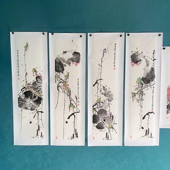 国画三尺对开手绘四条屏