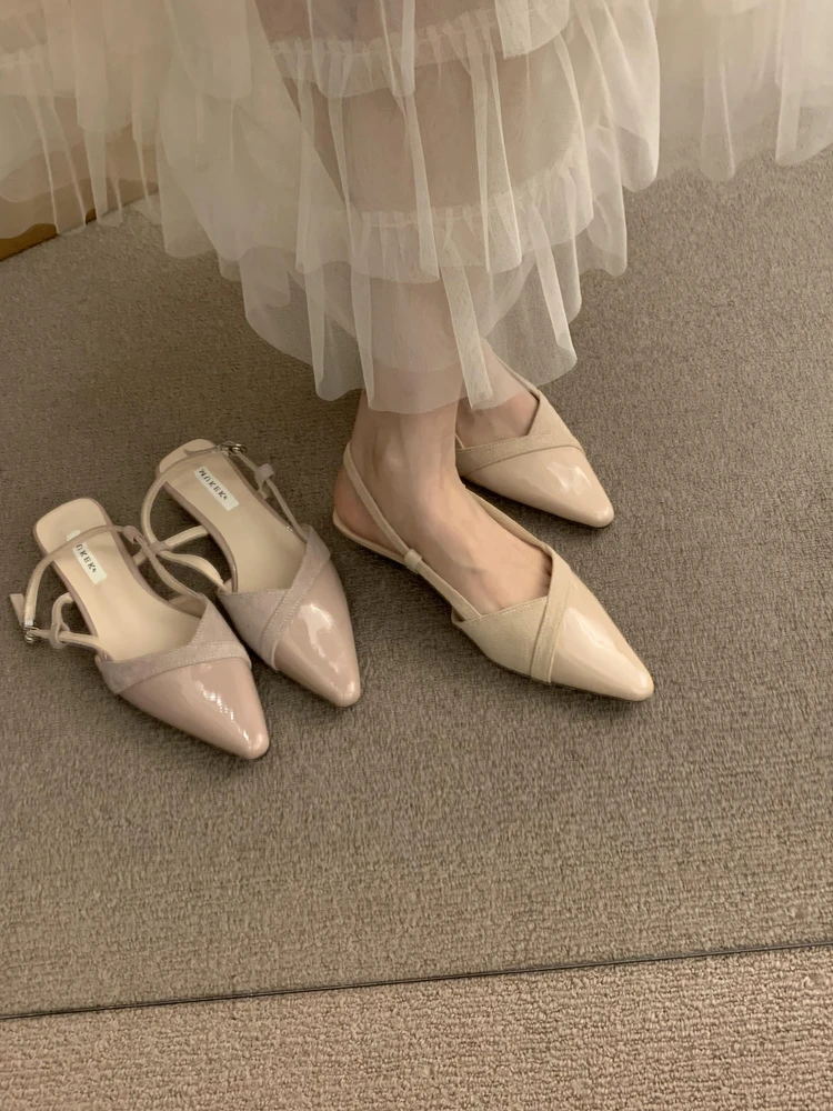 法式气质尖头后空单鞋浅口百搭女低跟夏季拼接小众真皮包头凉鞋女