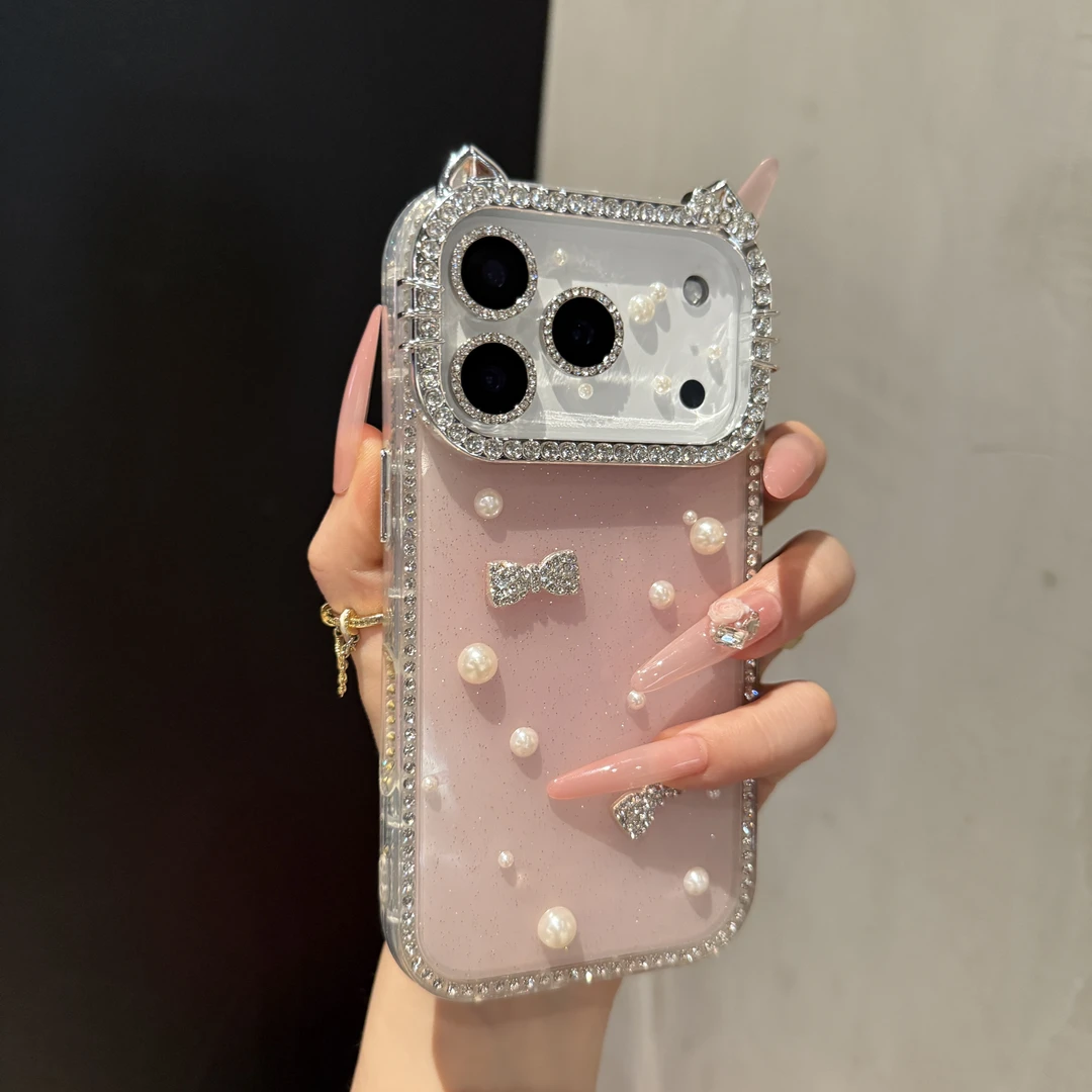 高级双面镶钻珍珠猫咪适用苹果17promax手机壳iPhone16pro时尚15