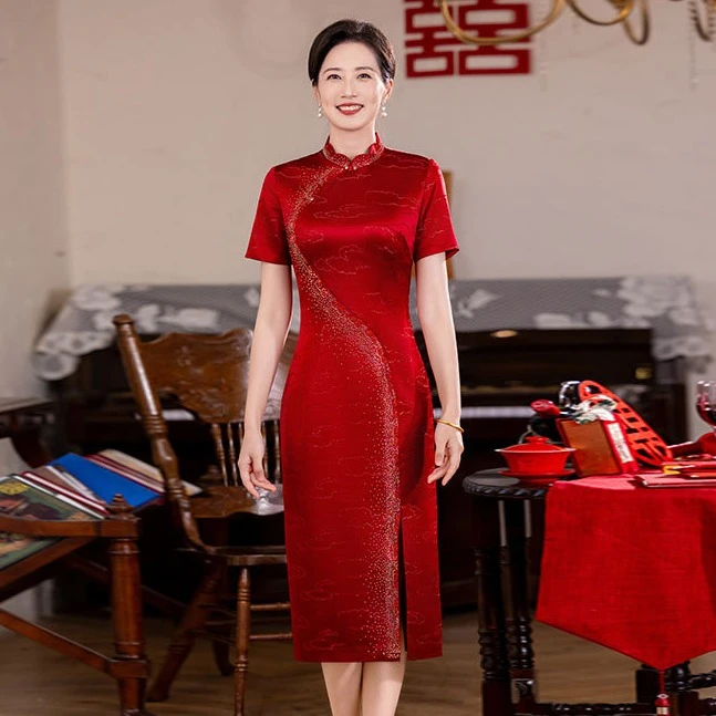 高端喜婆婆婚宴礼服夏款红色醋酸旗袍高贵洋气喜服妈妈婚礼敬酒服
