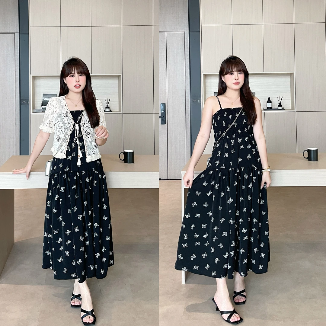 上新-慕翎【潇韵江南】复古气质蝴蝶式吊带裙+开衫大码显瘦套装