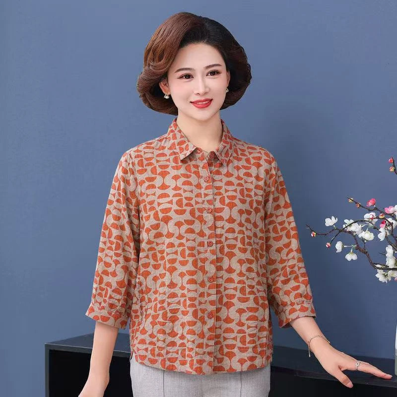 F50款奶奶装夏装女碎花衬衫七分袖中老年妈妈装大码上衣太太衬衣
