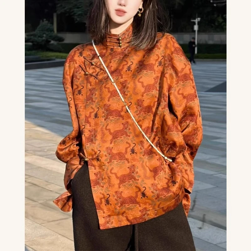 新中式国风女装盘扣上衣2025春季新款高级感复古洋气衣服印花衬衫