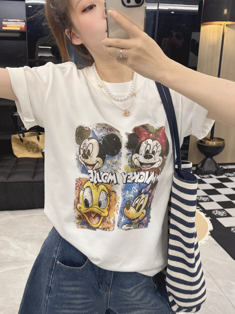 【油画米奇】夏季ins宽松纯棉短袖t恤2025新款直喷女卡通百搭Z011