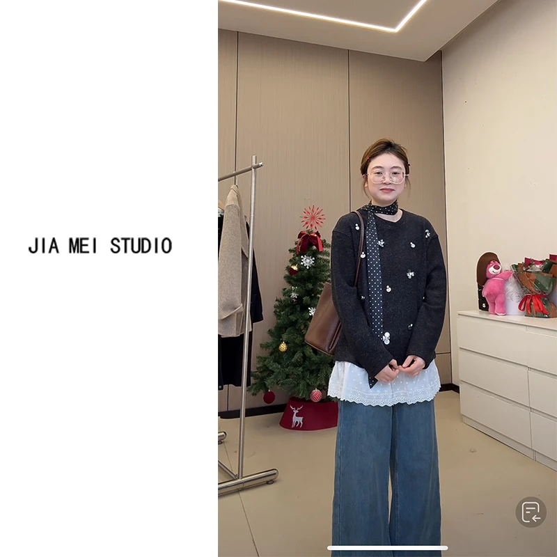 Q024设计感冬季亮片拼接花边圆领t恤女装中长款连衣裙加绒卫衣潮