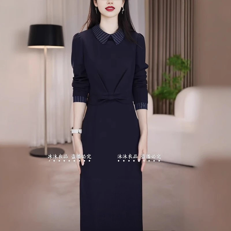 沐沐衣品春秋显瘦气质长袖时尚藏蓝色收腰秋季春秋显瘦气质连衣裙