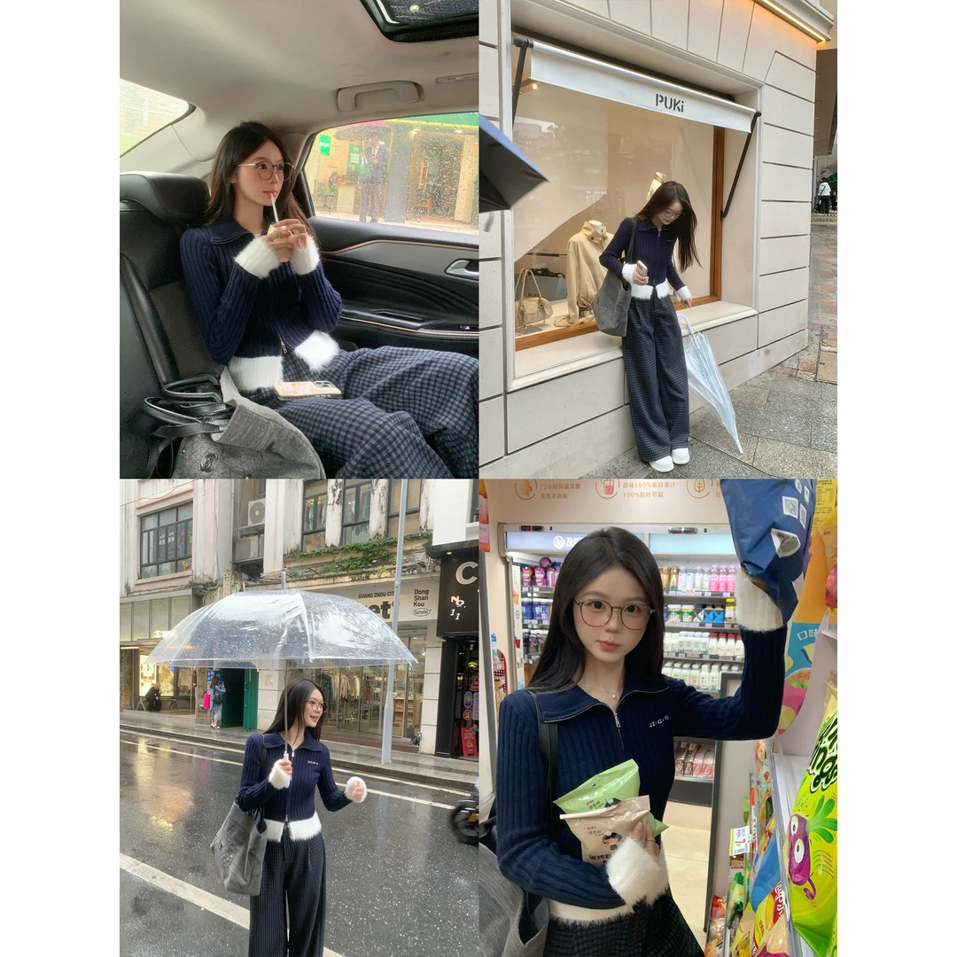 切糕自制【北欧周末】小个子秋冬女设计感可两穿领显瘦拉链拼接毛衣