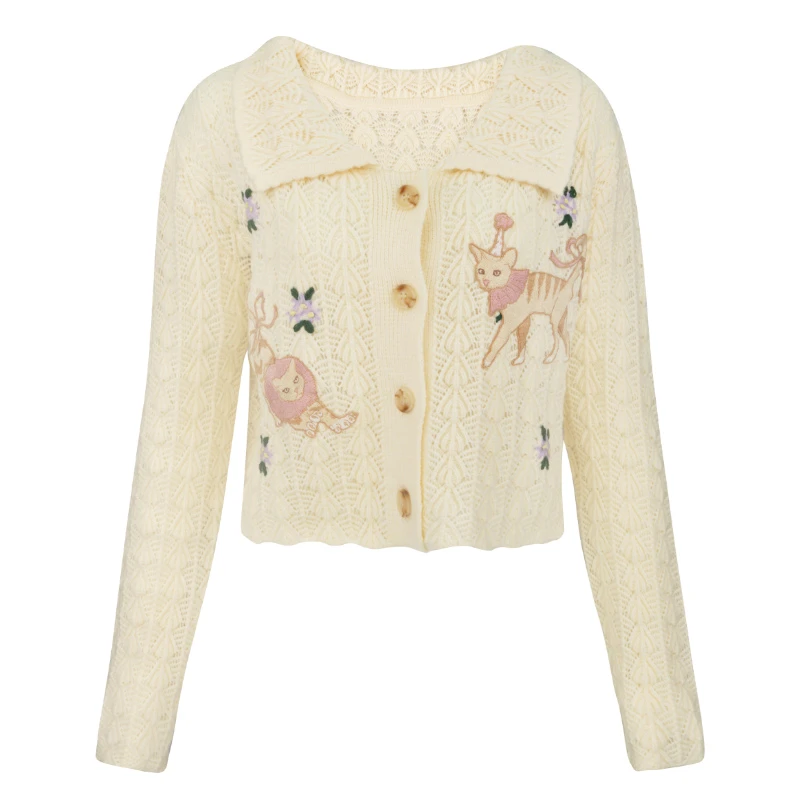 JUNGLE ME秋冬V领镂空毛衣气质短款刺绣提花撞色针织衫长袖开衫