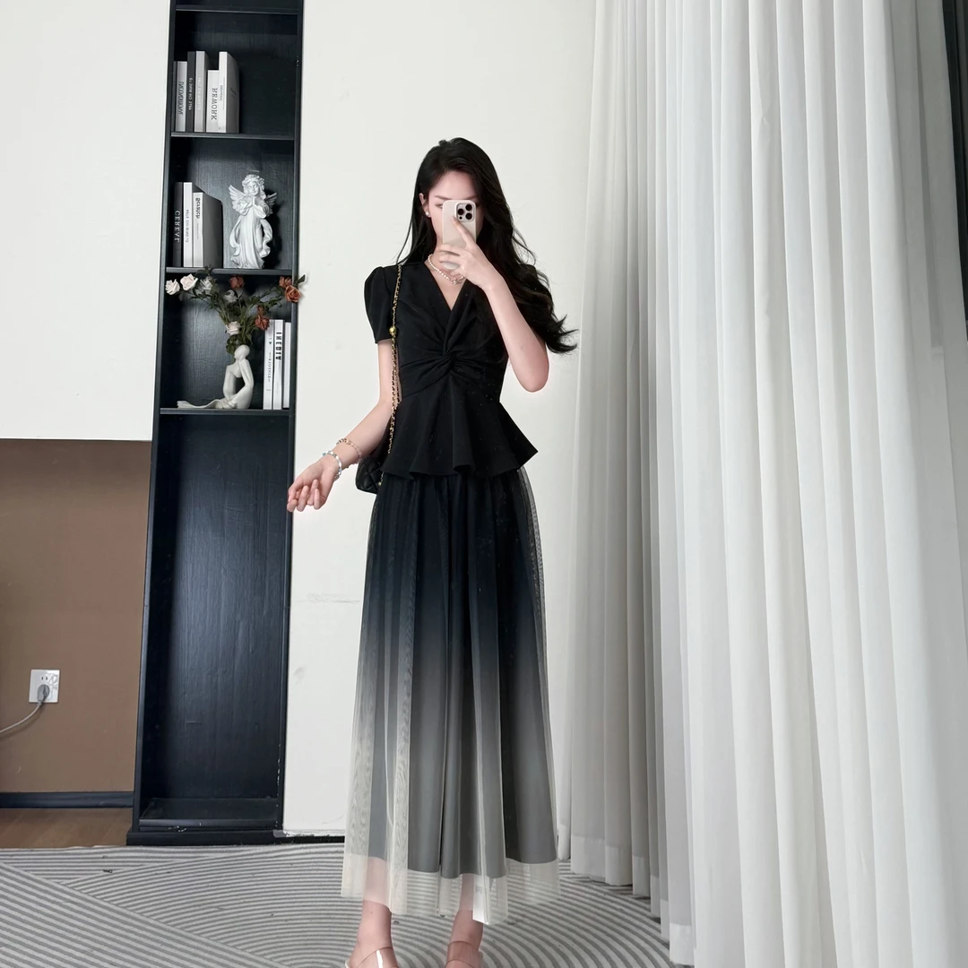 拉夏贝尔/25夏季新款法式时尚气质百搭短袖上衣+半身裙 10411 LSC