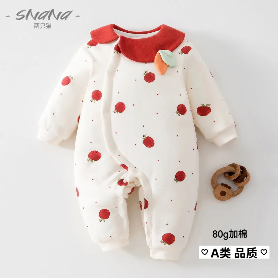 100%纯棉婴儿新生儿秋冬季夹棉连体衣女宝男宝宝宝棉服80克外出服