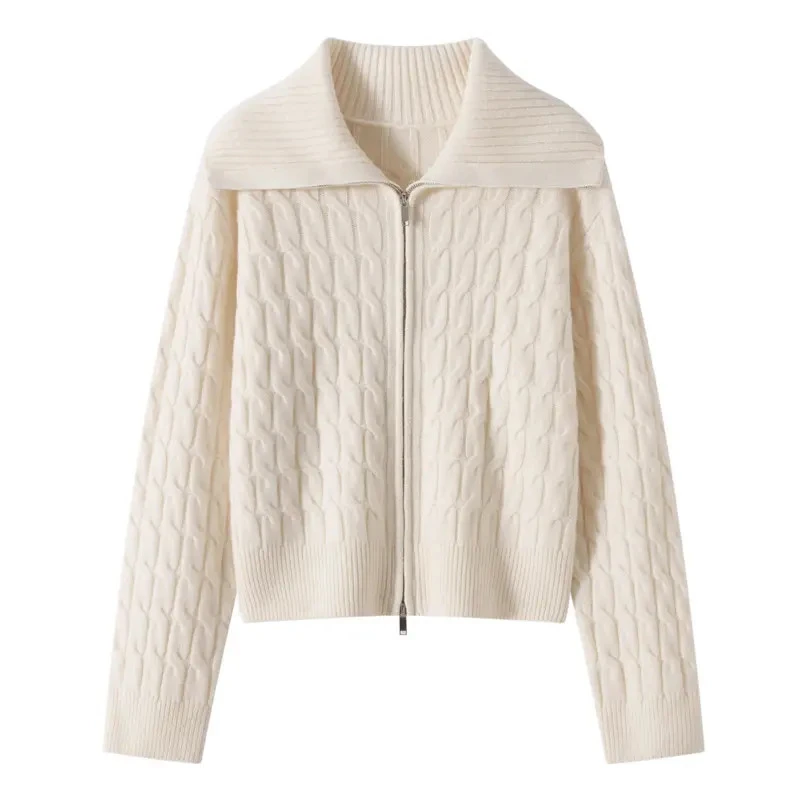 自留款~100%纯羊毛加厚扭花翻领双拉链针织开衫慵懒风毛衣外套女