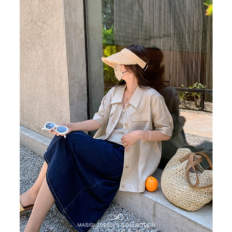 【宠粉回馈】马西西大码女装工装亚麻翻领短袖衬衫夏季胖mm宽松外套