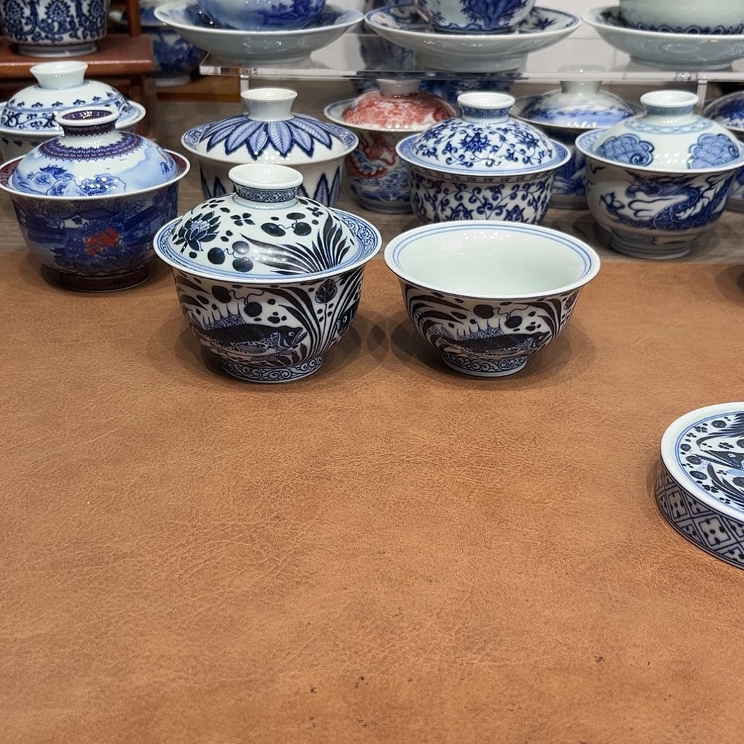 赵***7青花仿元鱼藻纹盖碗加杯子