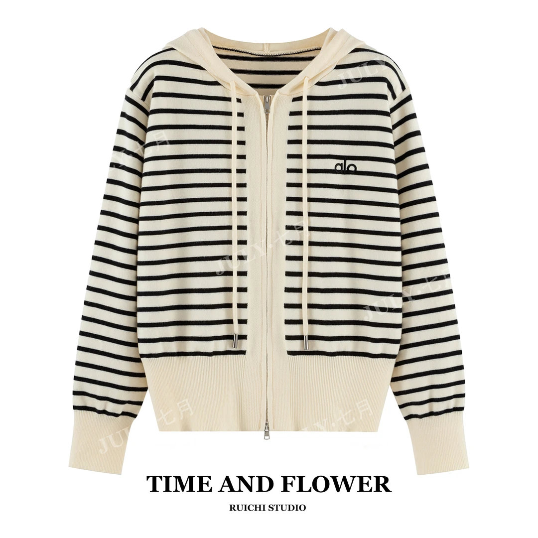 2025秋季新款慵懒松弛感连帽条纹字母刺绣拉链长袖针织衫上衣女