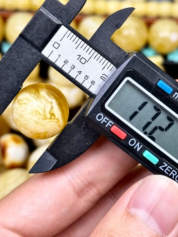 17.2mm俄料国矿一级料浓瓷白妖孽虎皮纹千层雪橘底金溶洞蜜蜡圆珠