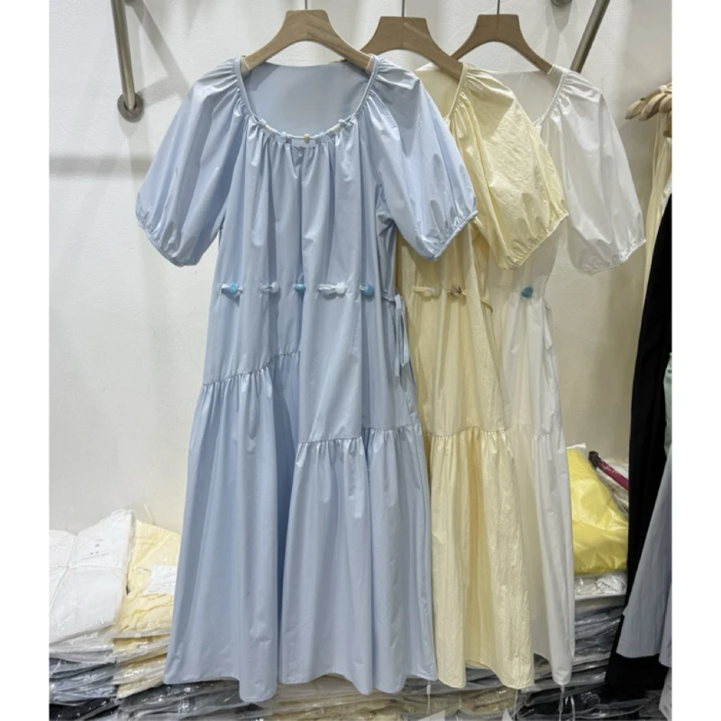 连衣裙女2025夏装甜美减龄显瘦高级感中长收腰泡泡袖法式小众洋气