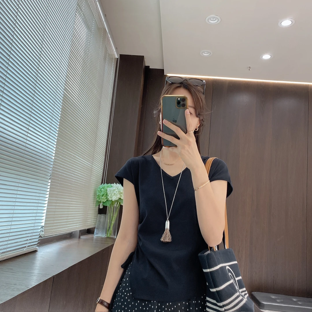IMFLY金小金自制女装 T恤DYW9303夏季短袖V领抽绳洋气衣服女上衣