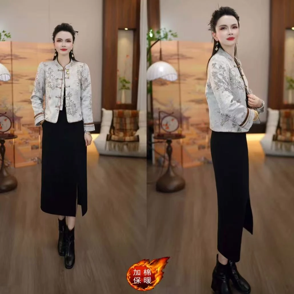 【外套+连衣裙】尼罗丝缎冬季新款新中式气质显瘦连衣裙两件套
