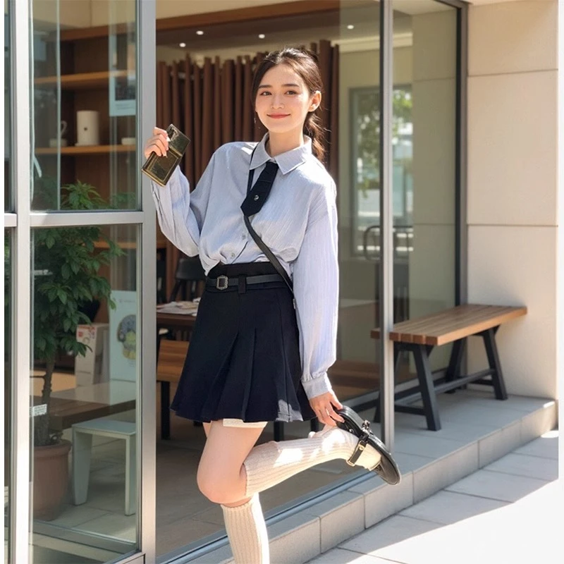 学院风jk套装女2025春夏新款时尚韩版穿搭长袖衬衫百褶短裙两件套