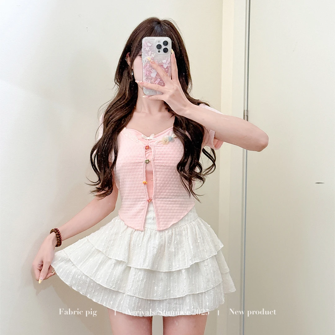 草莓牛奶 织物猪原创 甜美白色蛋糕半身短裙女夏日显瘦假两件上衣