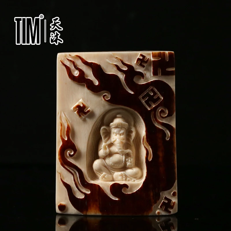 TIM猛犸象牙陈烁大师皮雕象鼻财神牌子手工雕刻吊坠项链佛珠挂件