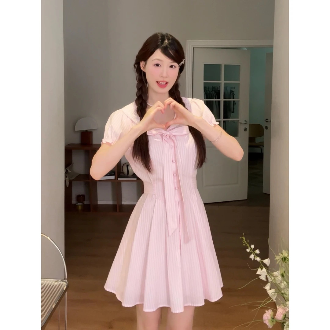 【雪芽初恋】温柔甜美短袖蝴蝶结连衣裙微泡泡袖气质夏季5x923