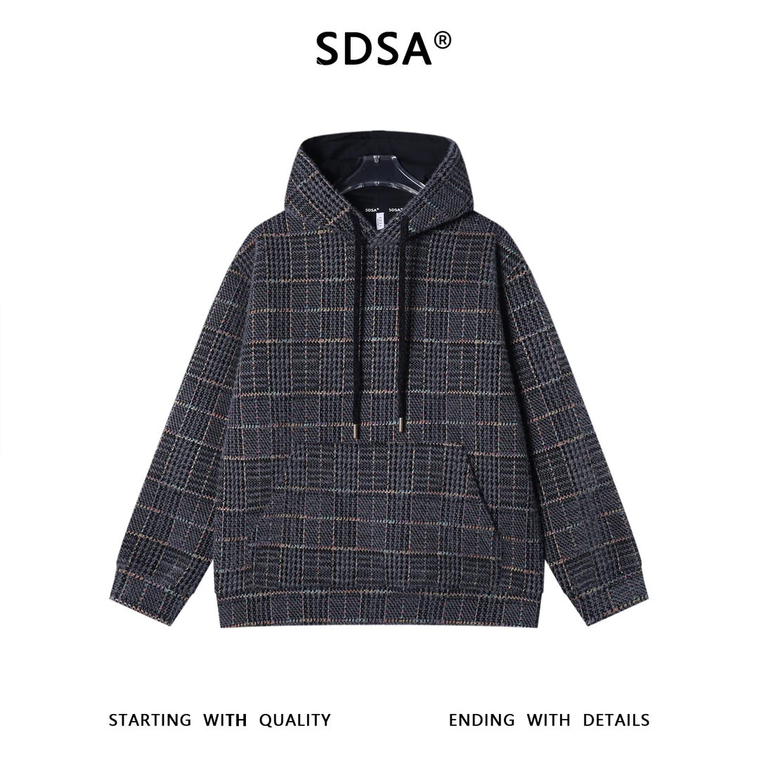 SDSA男士秋冬新款痞帅男装复古彩色格纹绒毛连帽卫衣设计感百搭潮