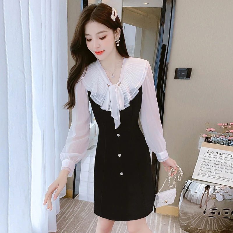 新款高档气质名媛风显瘦遮肉围巾领长袖A字连衣裙中青年女性