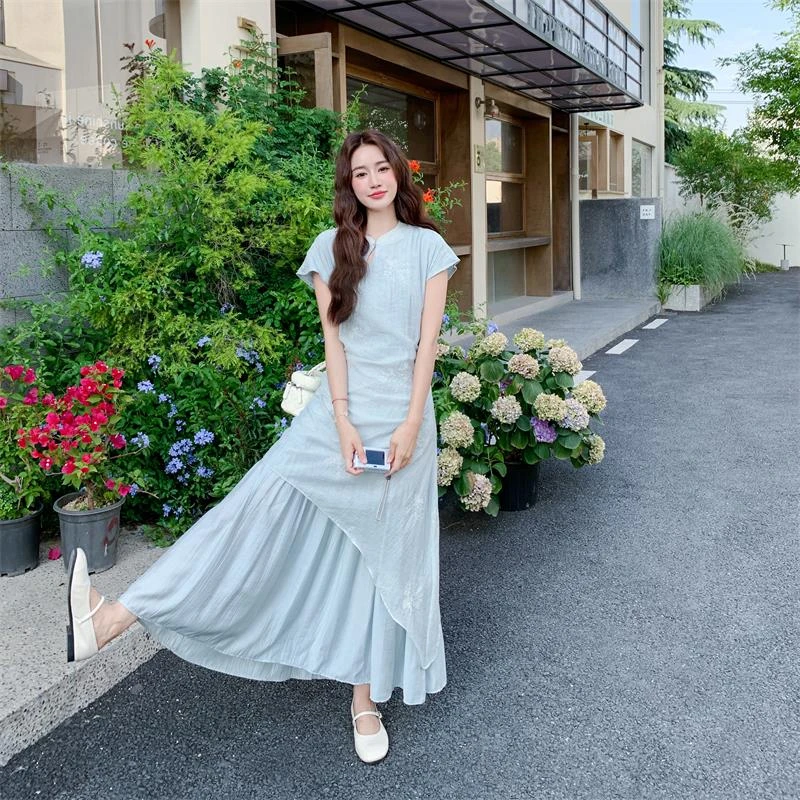 新中式国风蓝色假两件旗袍连衣裙女夏2025新款独特漂亮超好看长裙