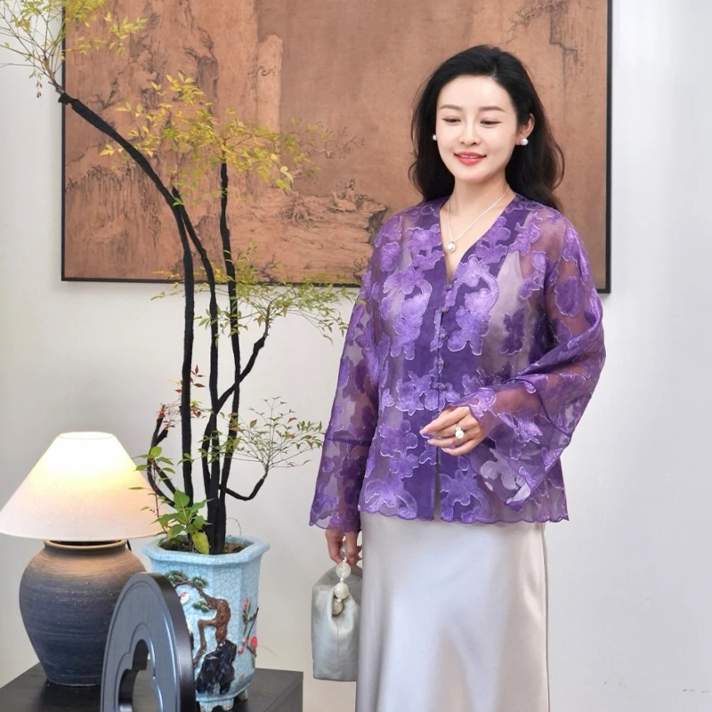 【高级定制】翠裳·真丝欧根缎剪花蚕丝轻薄新中式小衫