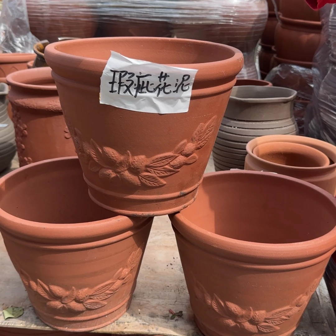 朱泥花盆口30高24宜兴紫砂瑕疵粗糙花泥