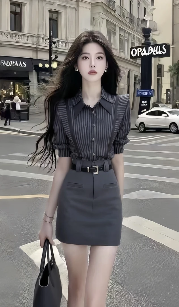轻奢时尚气质名媛通勤风修身条纹衬衫上衣+高腰半身裙深灰色套装