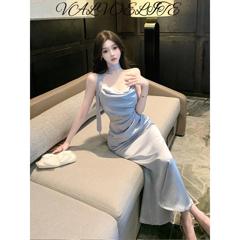 VALVOELITE法式蓝色醋酸缎面吊带连衣裙女夏季设计感气质绝美收腰