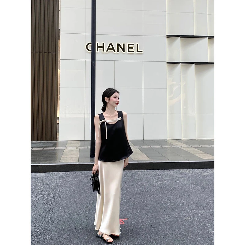 韩系高级感气质黑色无袖蝴蝶结吊带背心上衣显瘦百搭休闲半身裙女