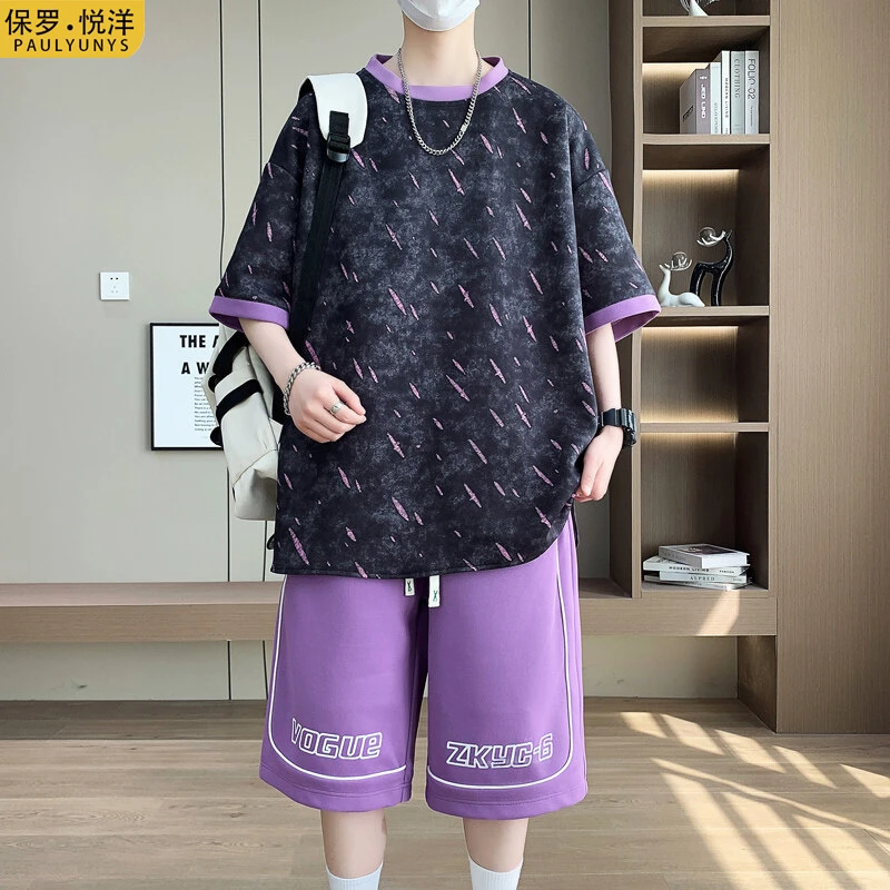 休闲短袖短裤套装男生夏季2025新款渐变青少年男装t酷帅气潮流T恤